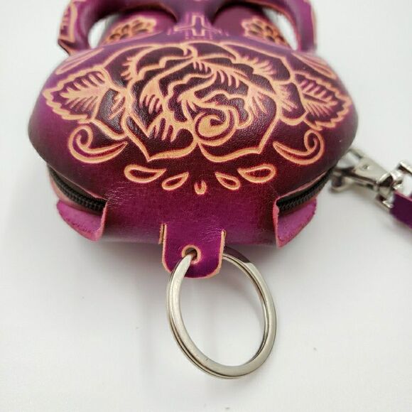 Sugar Skull Leather Wristlet Small Purple Coin Purse Keychain Calavera Wallet - Picture 9 of 16